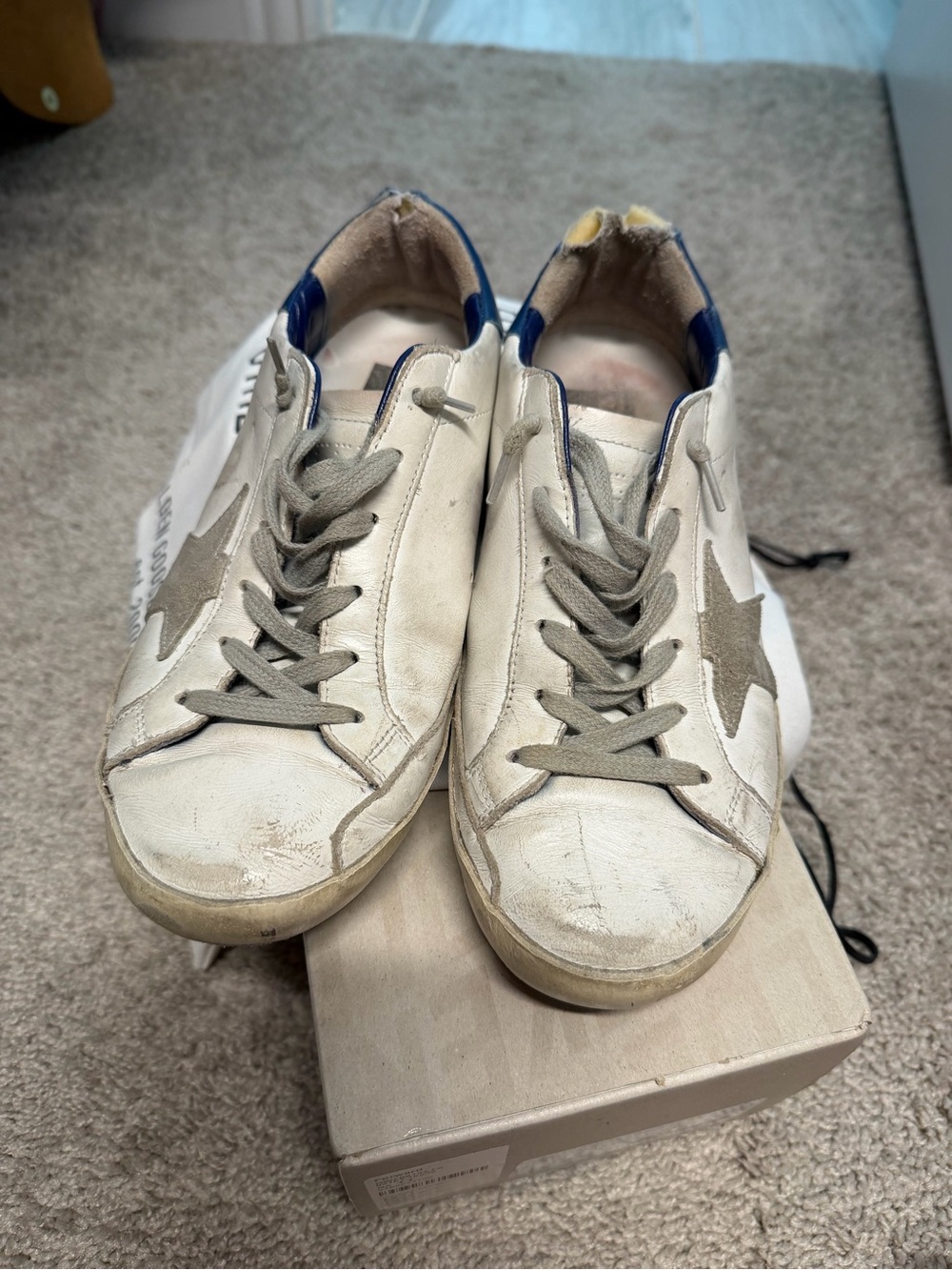 Golden Goose Superstar White Sneakers with Gray Star and Blue Heel